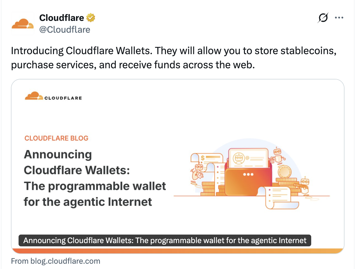 Cloudflare's launch post for Wallets on X, 4 August 2026