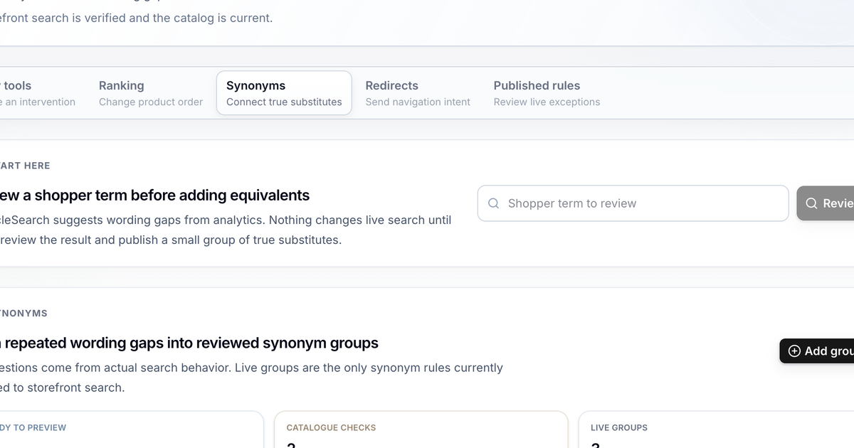 ParticleSearch Synonyms workspace with review input and live synonym groups