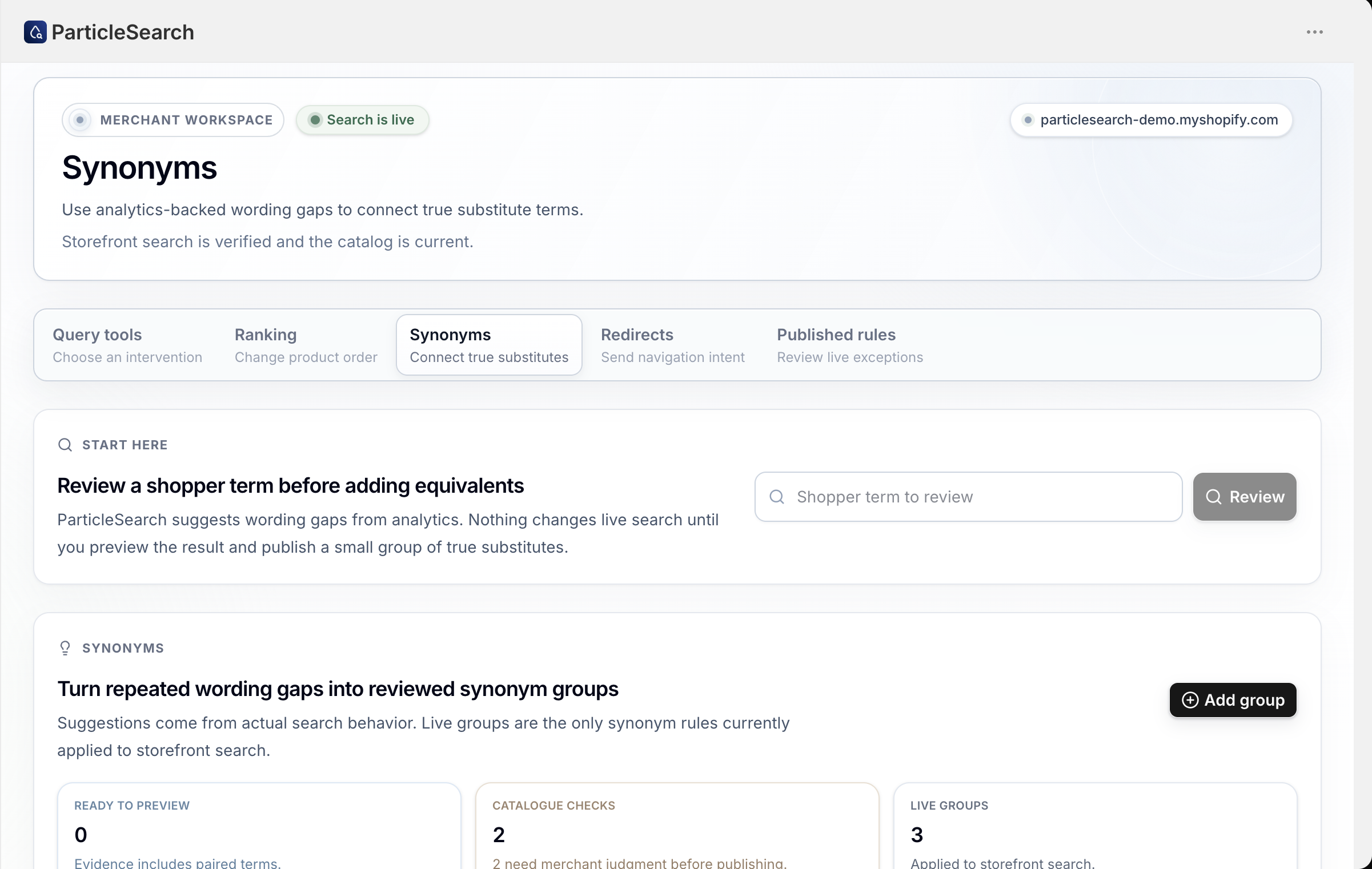 ParticleSearch merchant query tools showing the full synonyms workspace, catalogue checks, and live synonym groups