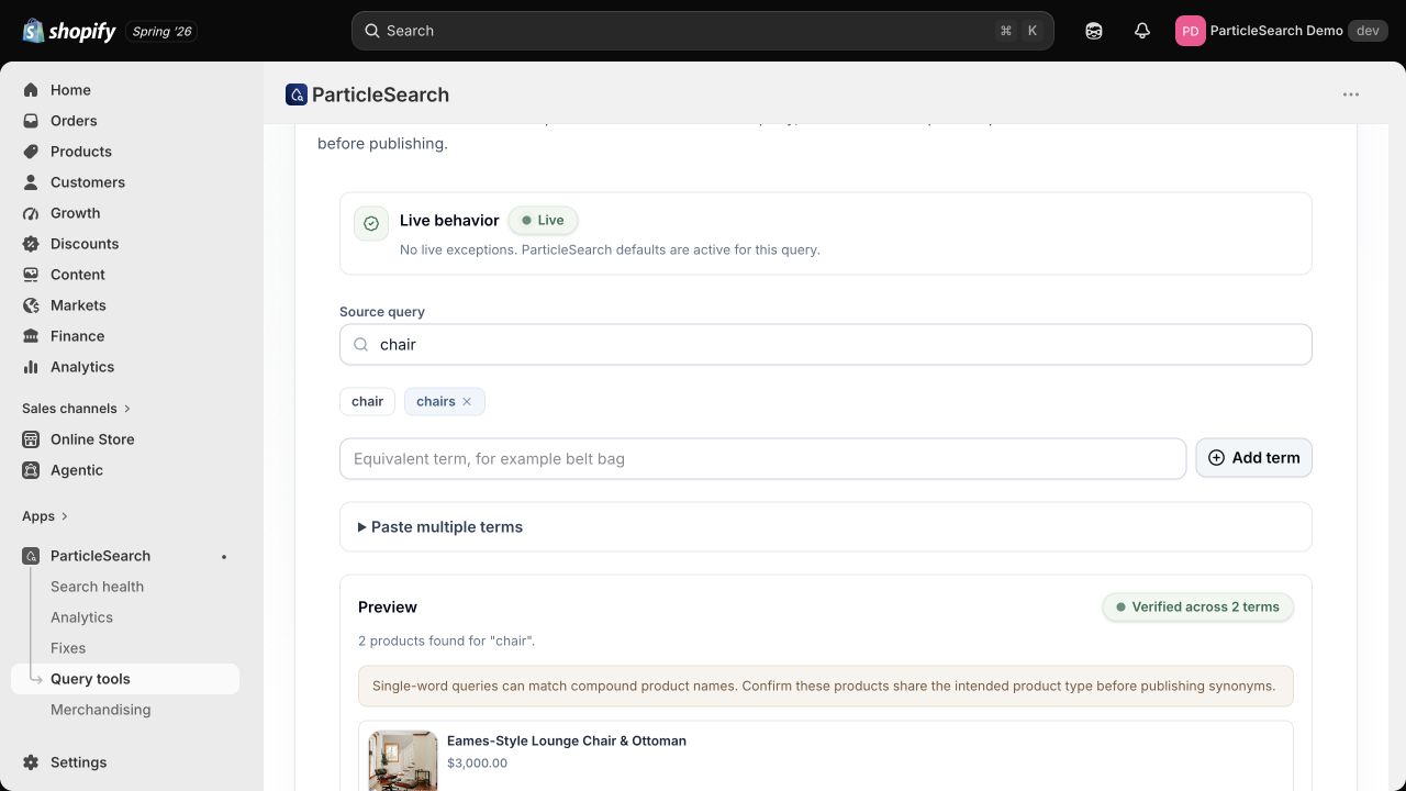 Shopify admin showing ParticleSearch query tools and a synonym workflow with a product preview before publishing.