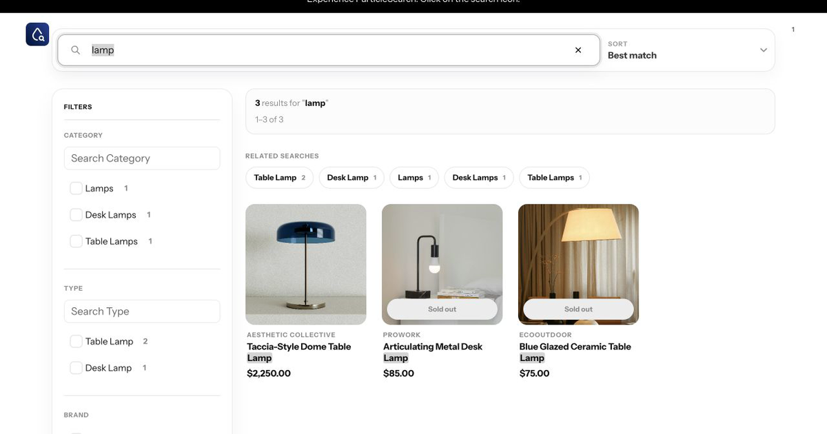 ParticleSearch storefront results page with filters, sorting, and product cards