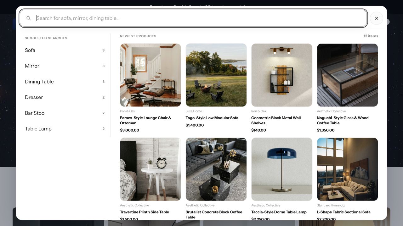 ParticleSearch storefront search modal showing suggested searches, newest products, product images, prices, and a clear path into product discovery